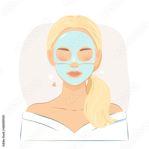 Girl with a hydrogel cosmetic mask on her face consisting of two parts.