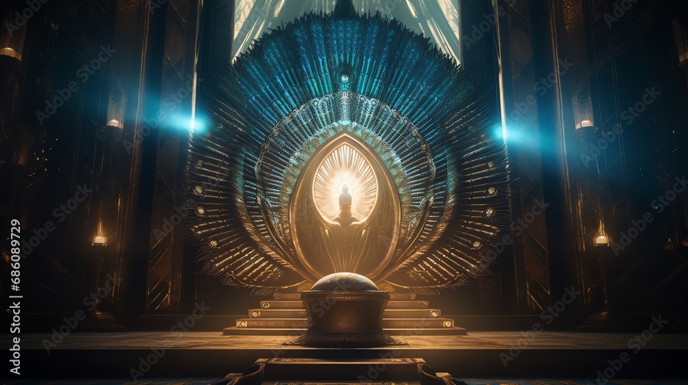 Throne room inside  of the Pyramid. Fantasy background. AI generated image - obrazy, fototapety, plakaty 