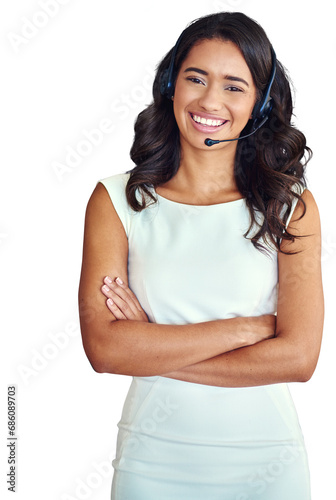 Portrait, crm and a call center woman arms crossed isolated on a transparent background for consulting. Smile, customer support or service career with a happy young employee on PNG for telemarketing