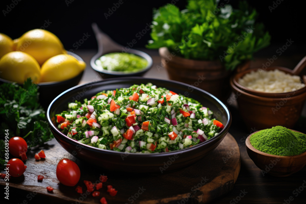 Tabbouleh salad surrounded by its ingredients on wooden table.