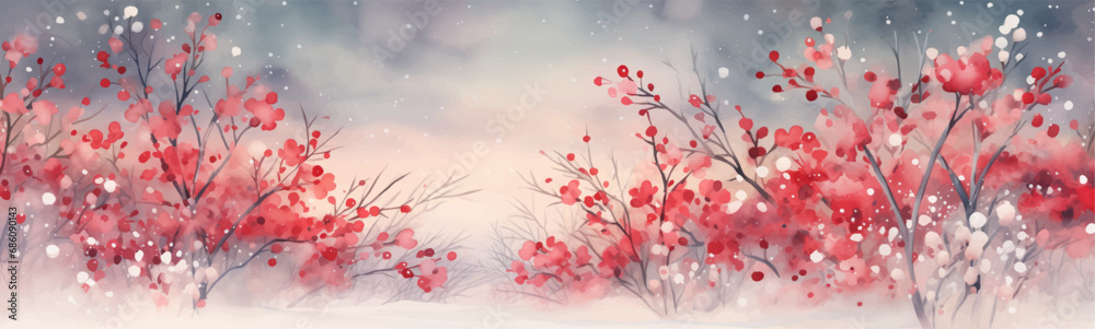 Christmas greeting card template with watercolor holly branches and berries.