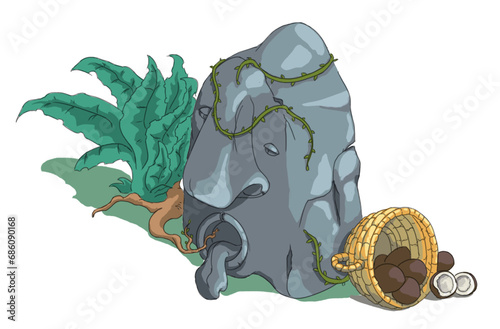 stone totem in the jungle, isometric illustration