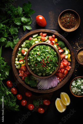 Tabbouleh salad surrounded by its ingredients on wooden table.