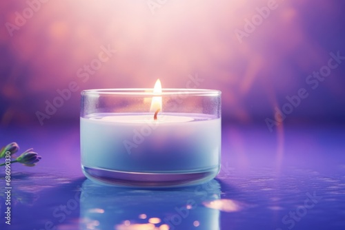 Spa white luminary. Miniature candle warmth and gentle and purple light. Generate AI