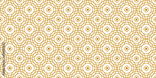 Retro Seamless pattern with circle shape, and flower in white and Gold color, Retro Tiles geometric repeat background, vector template.