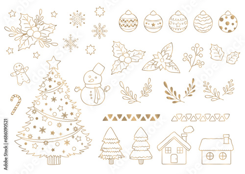 クリスマスのイラスト素材セット。白色の背景に金色の線画イラスト。装飾パーツ集。