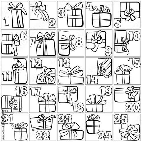 Simple outline advent calendar with dates and gifts, holiday activity coloring page for Christmas