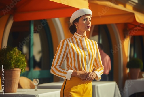 Gorgeous woman wearing yellow white striped uniform. Hotel female administrator in lemon colored workwear. Generate ai