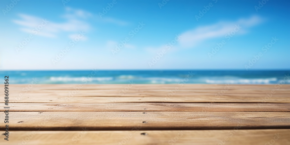 Wood table mockup with blue soft sky background. Empty copy space for product presentation. Generative AI