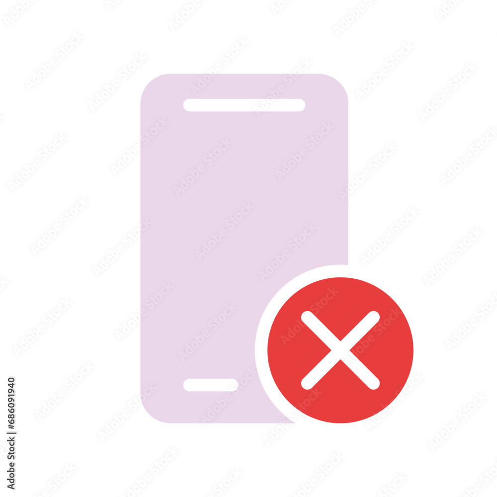 Phone with a cross. Smartphone, delete, reject call, entry with phones prohibited, photography prohibited, silent mode, block user, add number to blacklist. Colorful icon on white background Phone with a cross. Smartphone, delete, reject call, entry with phones prohibited, photography prohibited, silent mode, block user, add number to blacklist. Colorful icon on white background