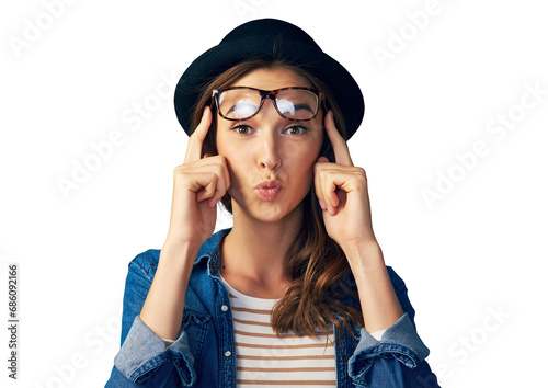 Glasses, smile and woman portrait with hipster, gen z and modern fashion with silly pout. Comedy, happy and face of female person with funny joke and model isolated on a transparent, png background