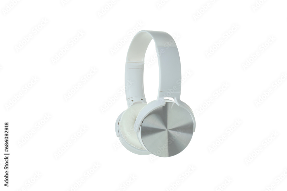 PNG, white, on-ear headphones isolated on a white background.