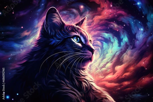 Cosmic background with a fantasy cat composed of swirling galaxies and nebulae.