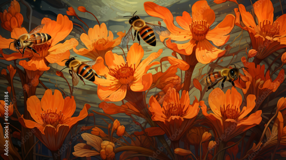 A group of bees collecting honey in orange flowers