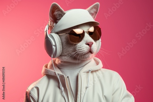 Fantasy character with cat head in sunglasses and headphones wearing white jacket listening to music against pink and blue background