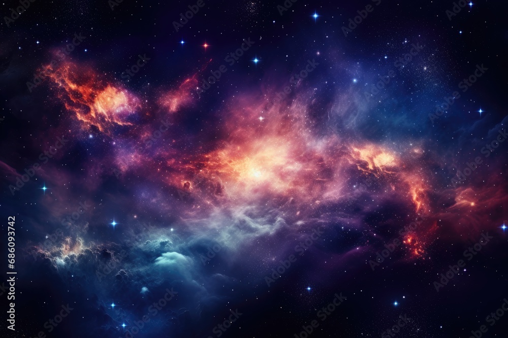 Naklejka premium Galaxy deep space with swirling nebulae and distant star clusters creating a mesmerizing cosmic panorama.