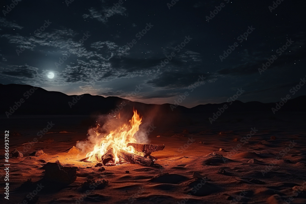 Night desert with fires on the sand in the light of a bright moon on a cloudy sky. Generated by artificial intelligence Night desert with fires on the sand in the light of a bright moon on a cloudy sky. Generated by artificial intelligence