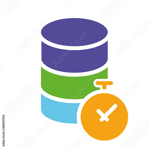 Database with a timer. Clock, data, storage time, limited, stopwatch, store, organized, table, spreadsheets, request to withdraw information, sql. Colorful icon on white background