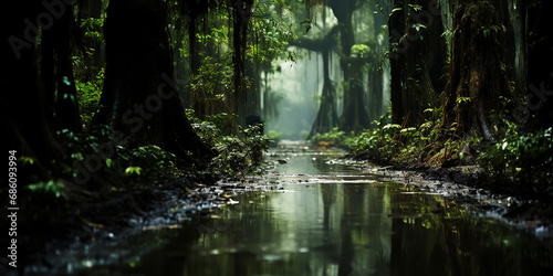 Swamp forest with a light mist. Quagmire in the spring green forest. Generative AI