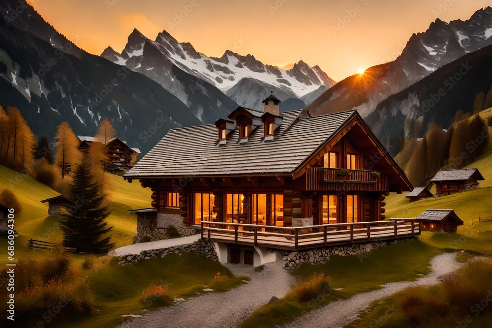 Witness the golden hour in the Swiss Alps, the landscape bathed in warm hues as the sun sets behind the peaks, a cozy chalet nestled in the mountains
