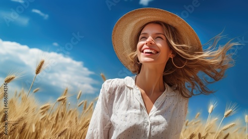 happy woman in straw hat and white shirt over blue sky and wheat field,  ai generative photo