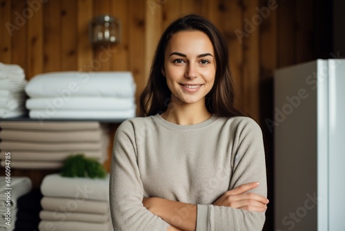 Content Woman Folding Towels in Laundry Room

