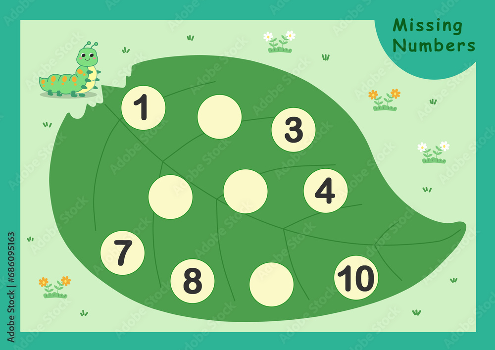 Missing numbers worksheet for children with cute illustration. Fill in the Missing Number 1 to 10. Counting Game for Preschool Children. Math Activities for Kids.