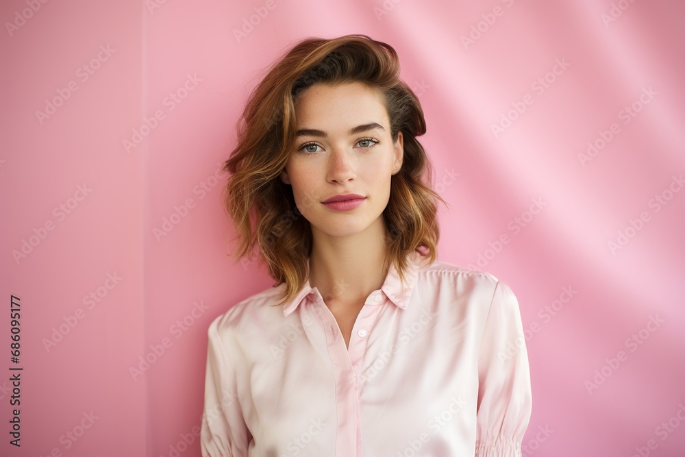 Ethereal Elegance: Young Woman in White Silk Blouse Against Soft Background Ethereal Elegance: Young Woman in White Silk Blouse Against Soft Background