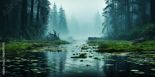 Swamp with trees in misty fog at sunrise. Tranquil, moody landscape. Generative AI © AngrySun