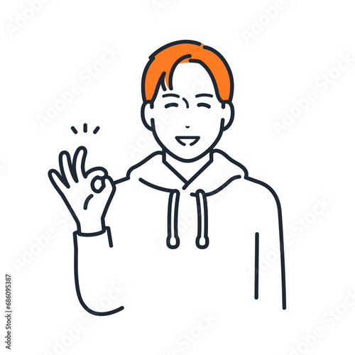 笑顔でOKポーズをするパーカーを着た若い男性のシンプルなベクターイラスト素材