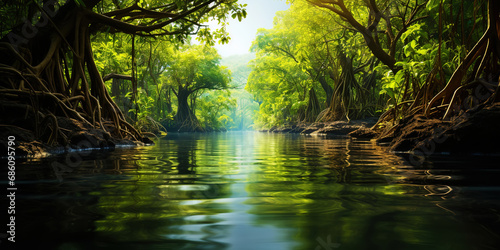 Mangrove forest and calm river in the morning. Minimalist landscape. Generative AI