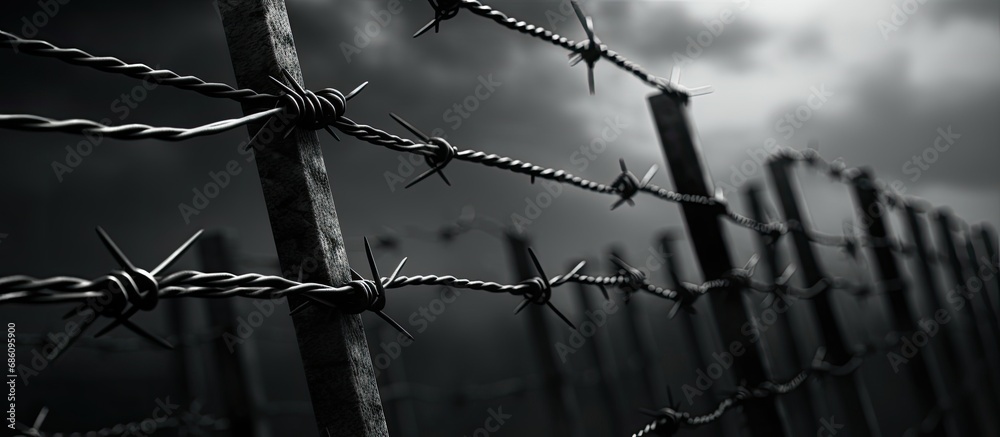 Wire with sharp spikes in a Nazi camp. - obrazy, fototapety, plakaty 
