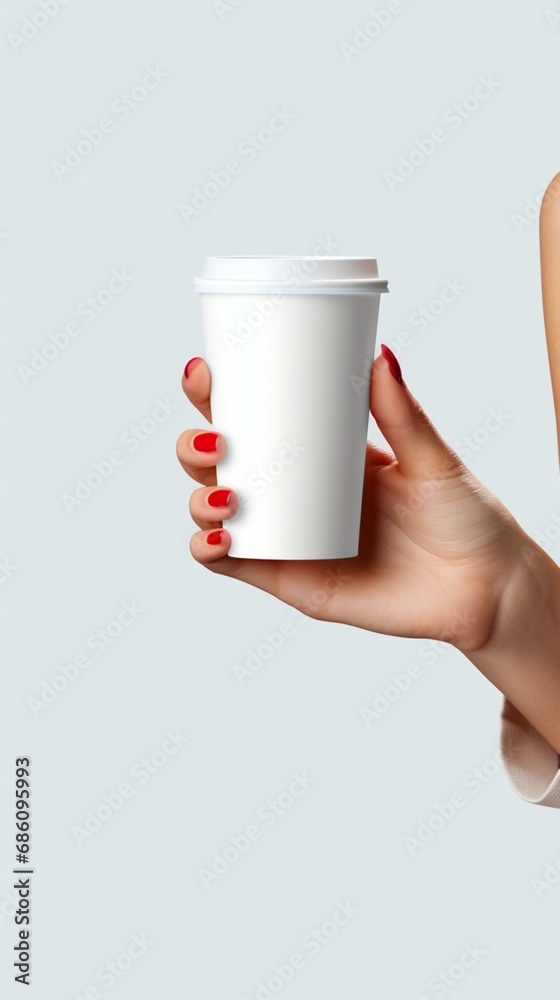 Hand holding plastic glass cup for coffee drink isolated white mockup Hand holding plastic glass cup for coffee drink isolated white mockup