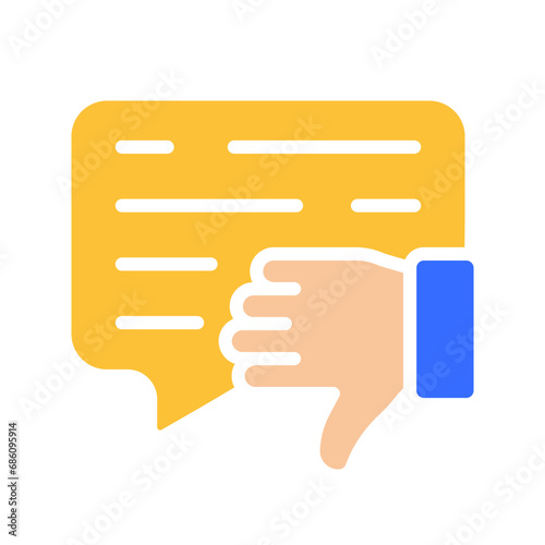 Speech bubble with dislike gesture. Thumbs down, review, rating, rate the service, feedback, comment, evaluate, communication, article, online. Colorful icon on white background
