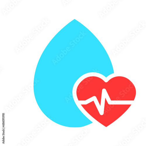 Waterdrop with a heart. Cardiology, rhythm, heartbeat, measure pulse, examination, treatment, myocardial infarction, attack, biometrics, biometric data, saturation. Colorful icon on white background