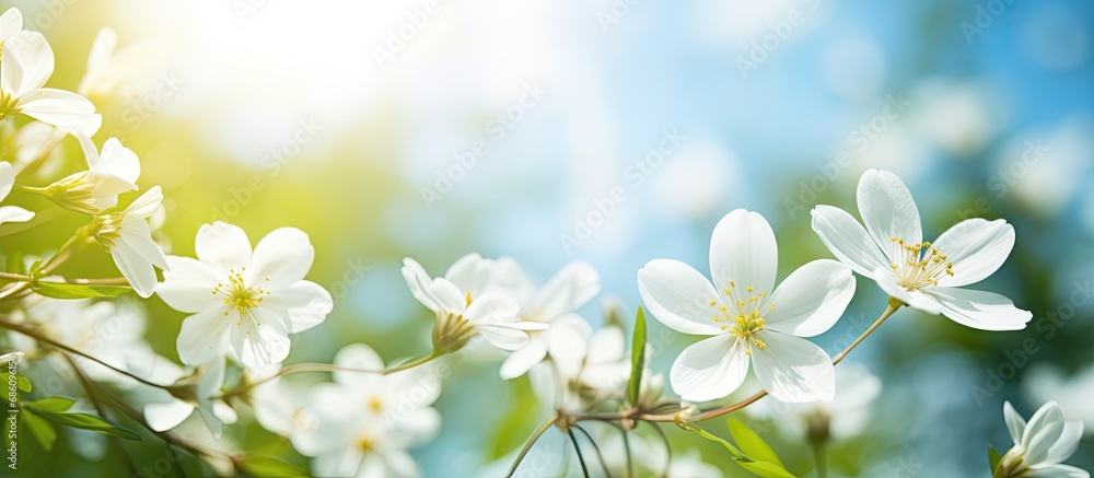 The blooming white flowers surrounded by nature's beauty under the open sky and shining sun.
