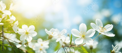 The blooming white flowers surrounded by nature's beauty under the open sky and shining sun. © AkuAku