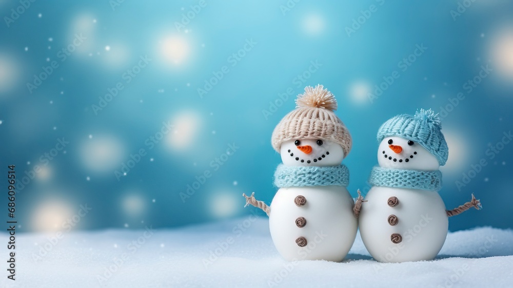 Little knitted snowmans on soft snow on blue background, copy space and generative ai Little knitted snowmans on soft snow on blue background, copy space and generative ai