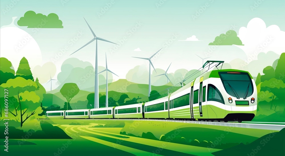 Naklejka premium Sustainable transportation concept. Electric train passing through fields with wind turbines. Rail transport sustainability, ecology, alternative energy. Horizontal poster or banner 
