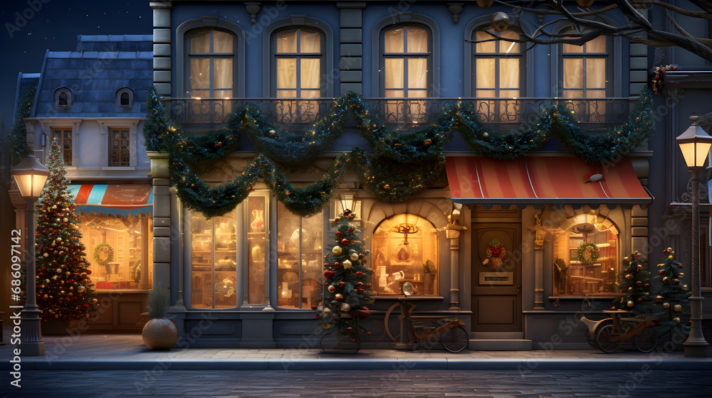 Night city with cozy street view, Christmas atmosphere and  decorations