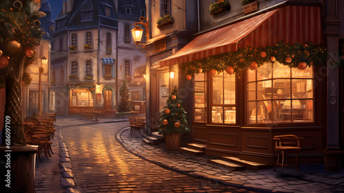 Night city with cozy street view, Christmas atmosphere and decorations
