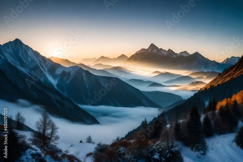 Nature's symphony of landscapes, a serene mountain range bathed in the soft glow of dawn, the peaks casting long shadows over a tranquil valley © usama