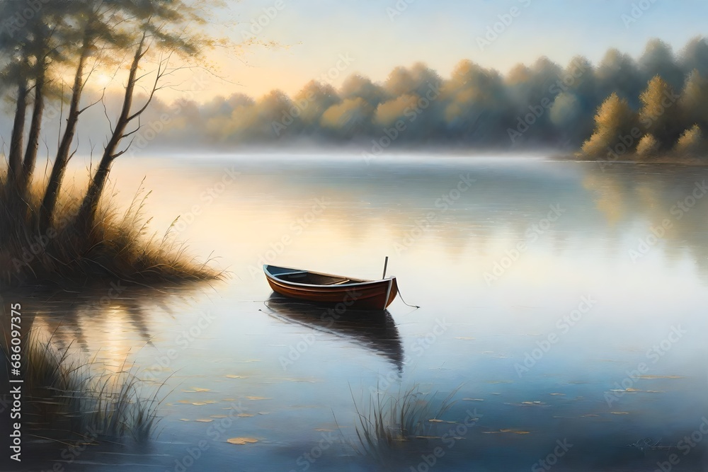 Experience the tranquility of an oil-painted lake at dawn, mist rising from the water's surface, a small boat anchored near the shore