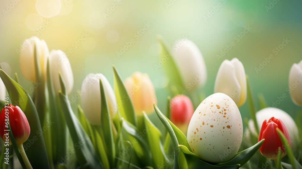 Easter eggs and tulip flowers on green background with copy space. Easter background with white tulips and golden eggs. Easter eggs and tulips on a wooden table. Easter eggs and tulip flowers on green background with copy space. Easter background with white tulips and golden eggs. Easter eggs and tulips on a wooden table.