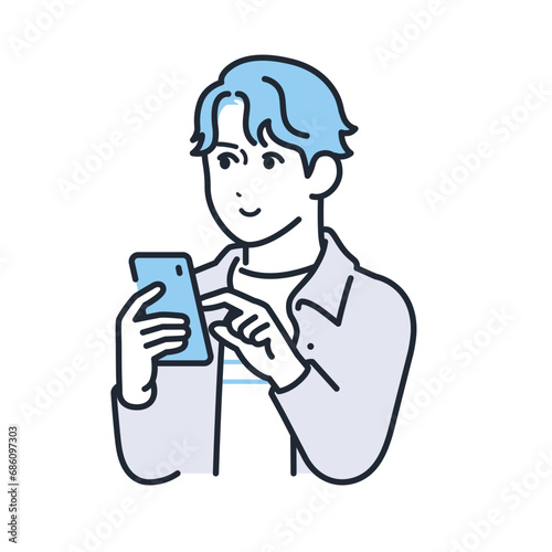 スマートフォンを操作する若い男性のシンプルなベクターイラスト素材