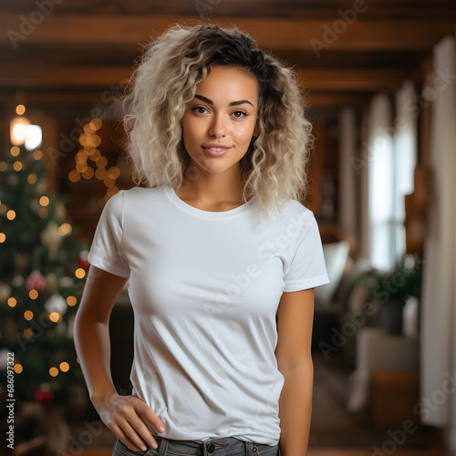 t-shirt mockup, model is standing in the living room with christmas decor © Vasyl