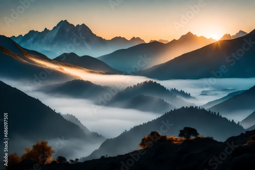 Nature's symphony of landscapes, a serene mountain range bathed in the soft glow of dawn, the peaks casting long shadows over a tranquil valley