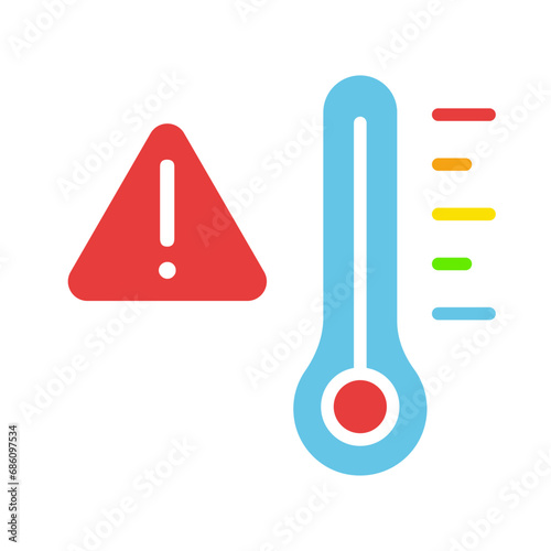 Thermometer with danger warning sign. Celsius, Fahrenheit, Kelvin, extreme heat or cold, fever, flu, acute infection, weather forecast, climate, anomaly. Colorful icon on white background