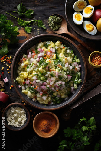 Olivier Salad surrounded by its ingredients on wooden table.