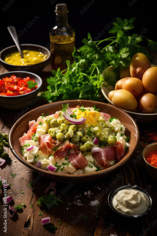 Olivier Salad surrounded by its ingredients on wooden table. Olivier Salad surrounded by its ingredients on wooden table.